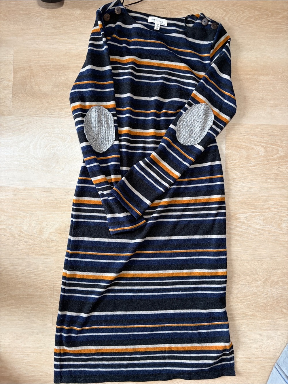 Monteau Navy, Mustard & White Striped Knit Top with Gray Elbow Patch